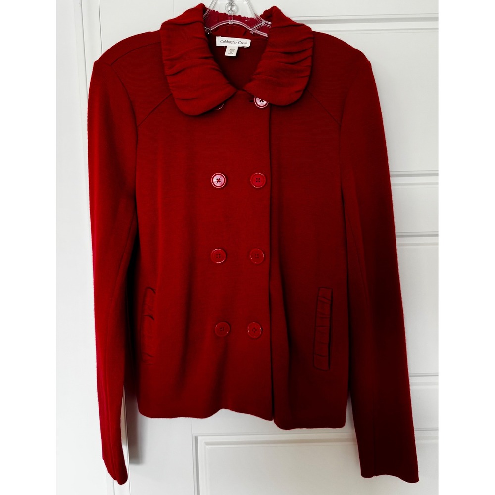 Coldwater Creek Red Double-Breasted Ruffle Collar Sweater - Size M Wool Blend
